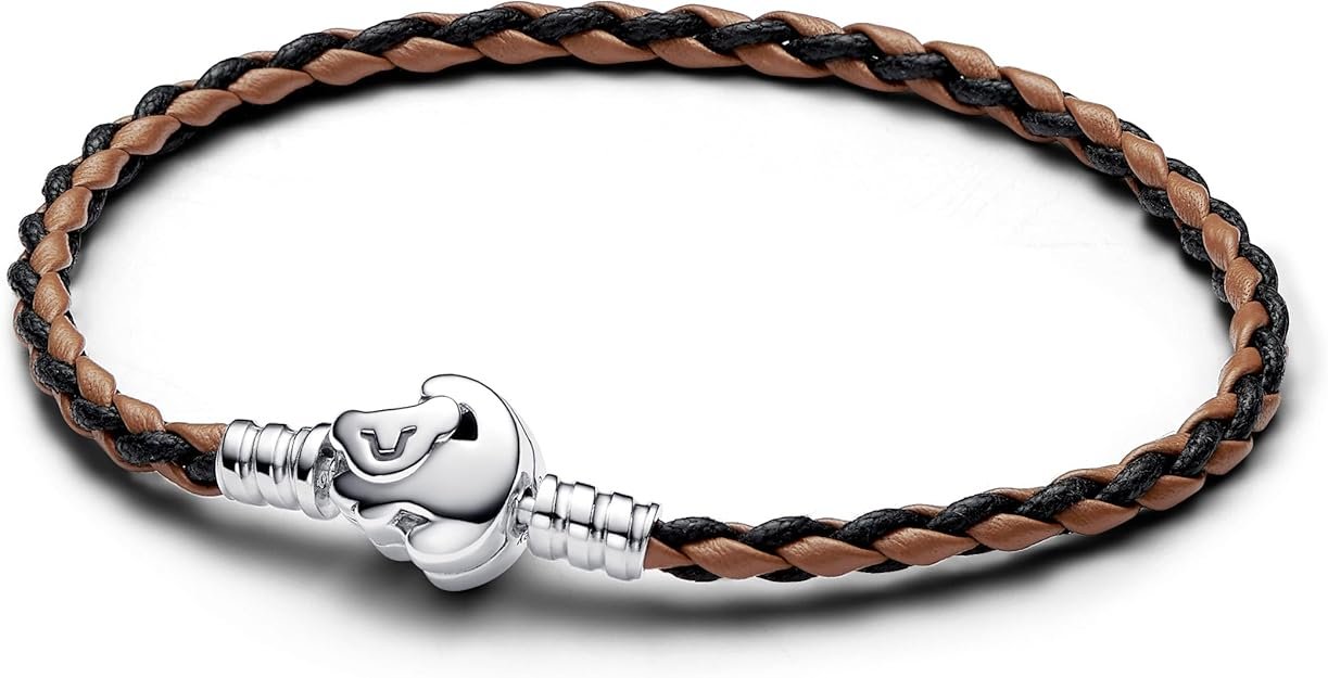 Pulsera de plata de ley con diseño de El Rey León de Disney con piel marrón y negra